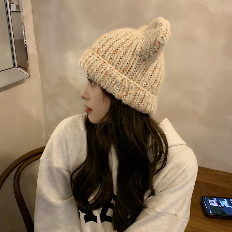 Korean version of for women in autumn winter, cute little bear ears, woolen hat with curled edges, large head_voghion.com
