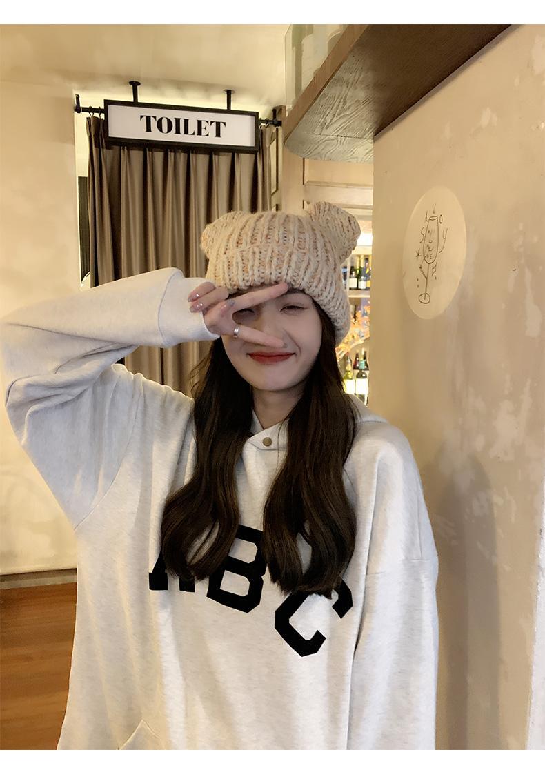 Korean version of for women in autumn winter, cute little bear ears, woolen hat with curled edges, large head_voghion.com