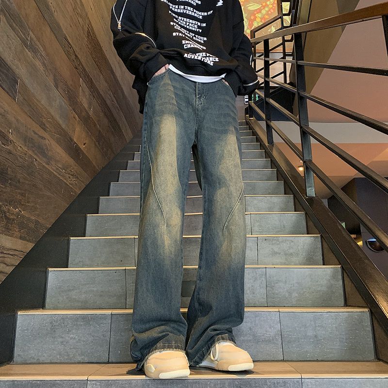 復古藍拖地牛仔褲男潮牌秋季寬鬆直筒闊腿微喇褲美式高街vibe褲子