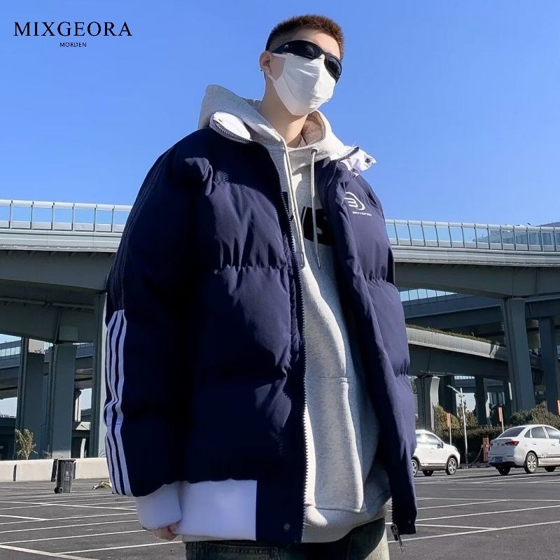 MIX GEORA國潮牌拼色側條紋棉服女冬季加厚寬鬆保暖麵包服外套ins