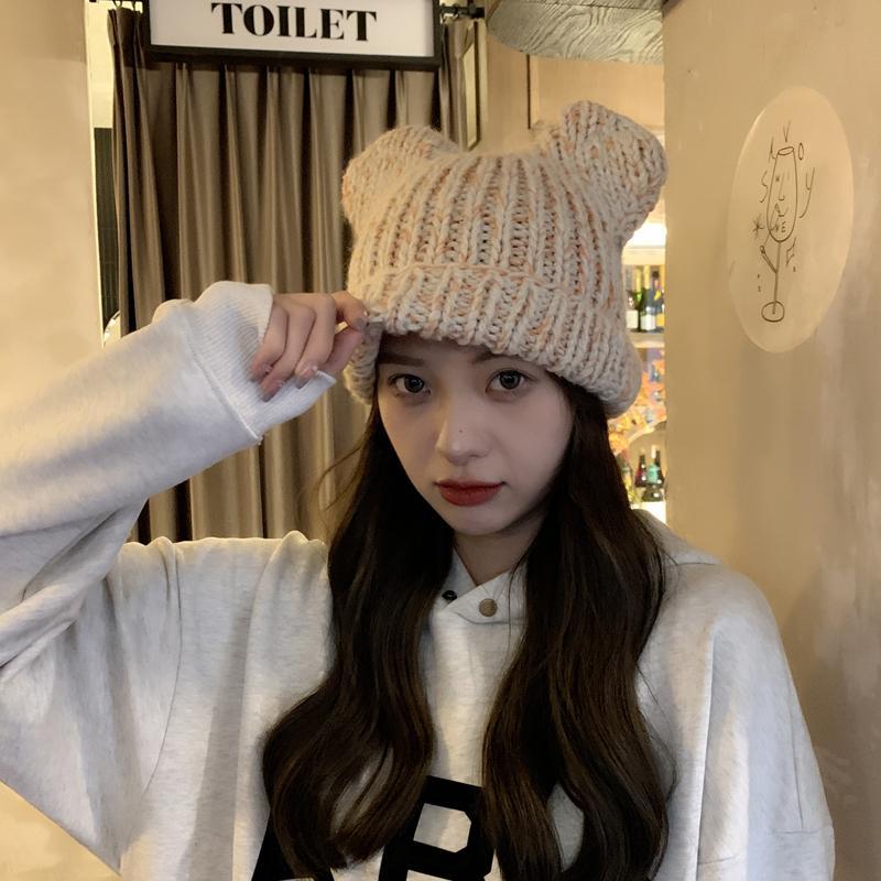 Korean version of for women in autumn winter, cute little bear ears, woolen hat with curled edges, large head_voghion.com