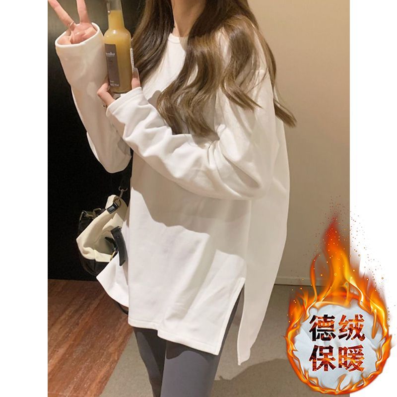 德絨白色開叉長袖t恤女加絨打底衫女內搭秋冬新款寬鬆中長款上衣