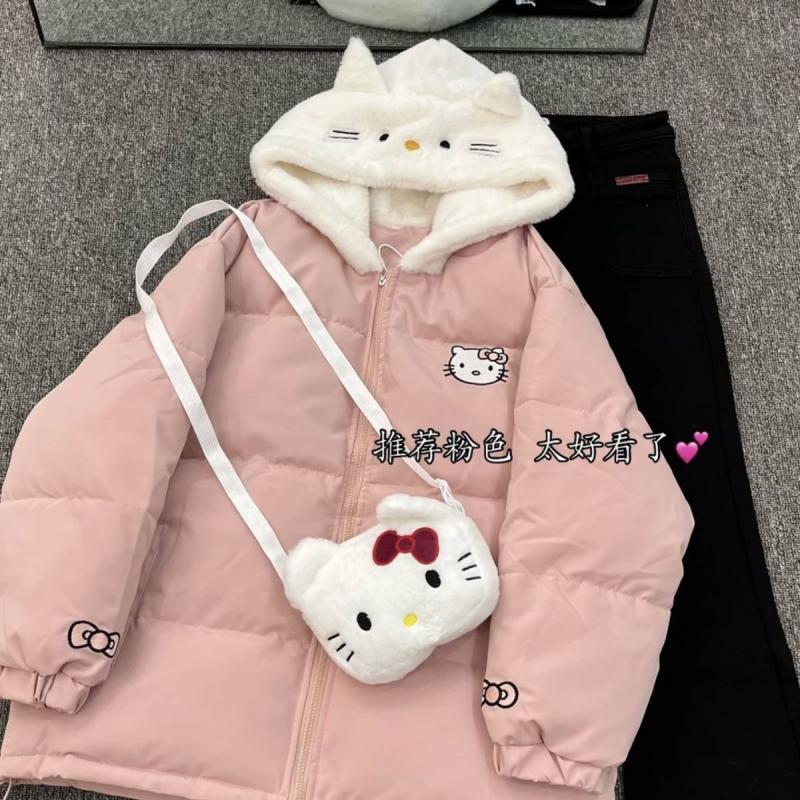 2023冬季爆款可愛凱蒂貓棉服女加厚學生寬鬆棉襖繡花貓咪帶包包潮
