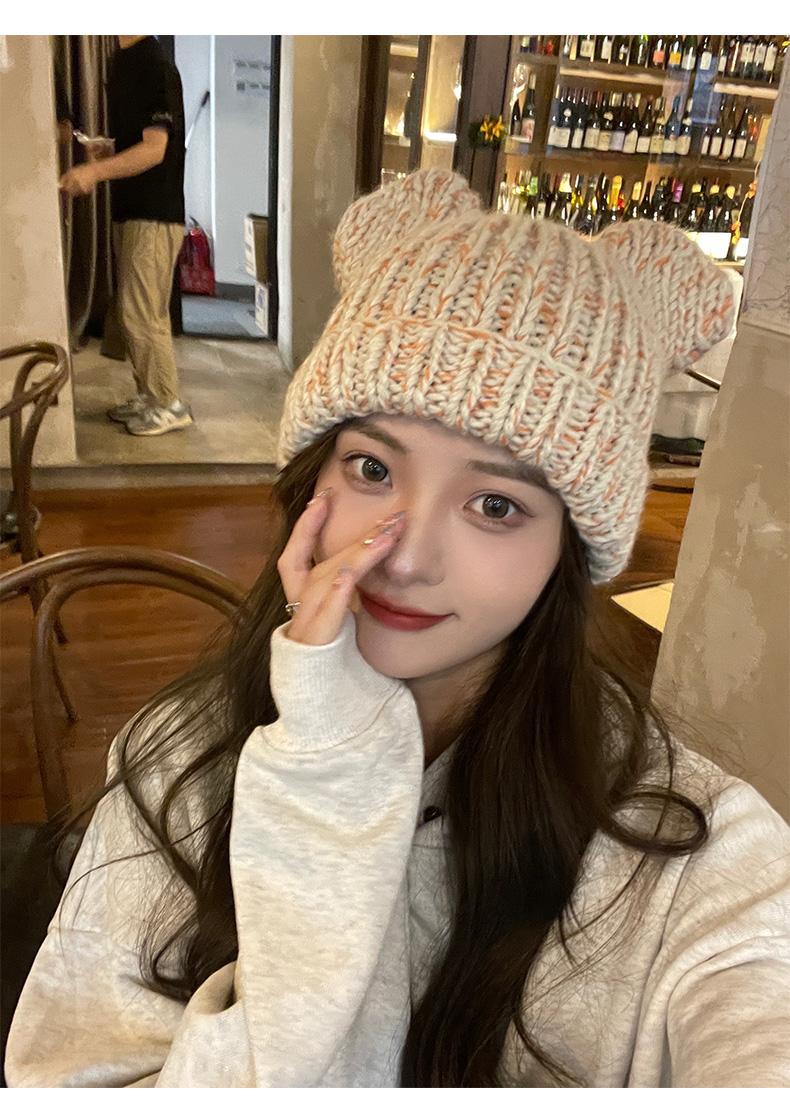 Korean version of for women in autumn winter, cute little bear ears, woolen hat with curled edges, large head_voghion.com
