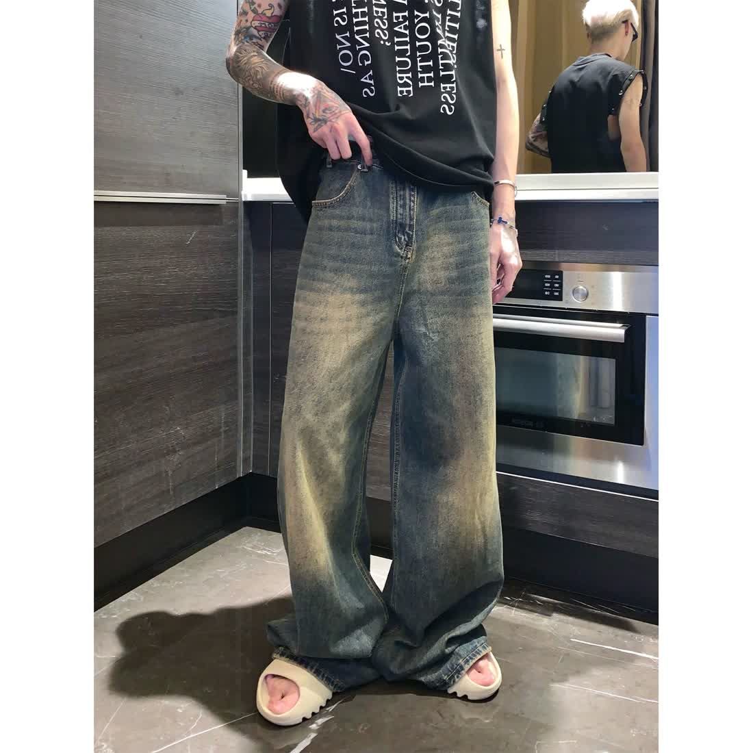 美式小眾磨破做舊復古水洗直筒牛仔褲男韓風寬鬆百搭闊腿拖地長褲