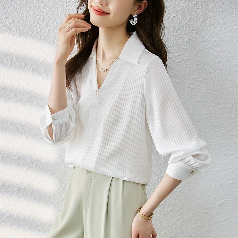 時尚v領長袖襯衫女冬裝2024年春秋新款百搭氣質襯衣顯瘦洋氣上衣