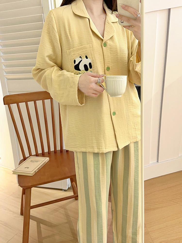 休閒杏色條紋熊貓睡衣女春秋季長袖套裝2023新款冬天家居服高級感