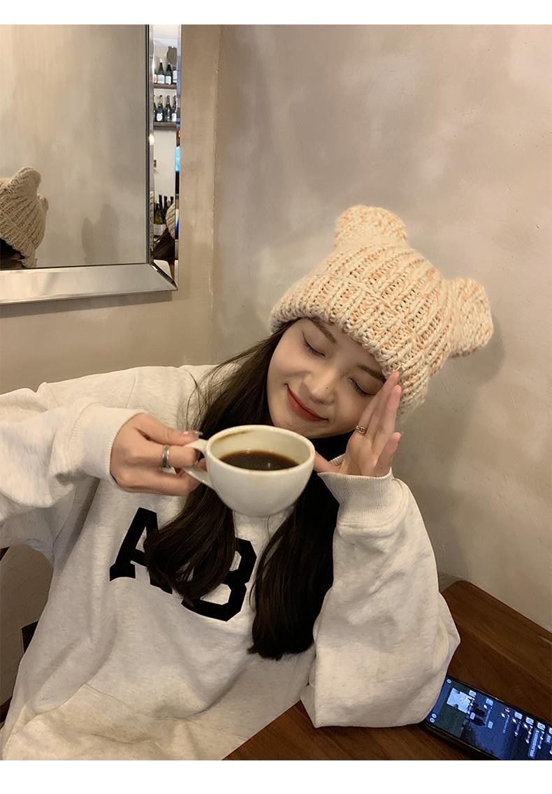 Korean version of for women in autumn winter, cute little bear ears, woolen hat with curled edges, large head_voghion.com