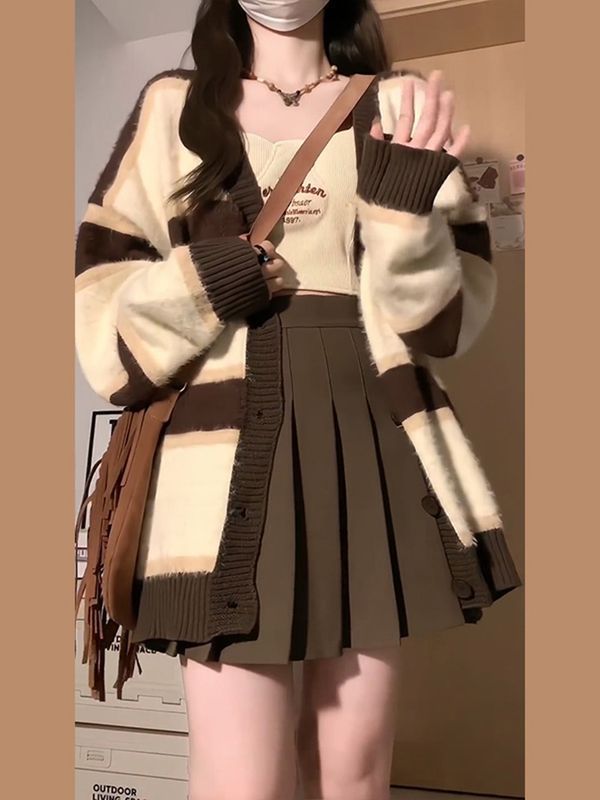 秋冬新款條紋毛衣外套女美式復古休閒時尚慵懶風開衫長袖針織上衣