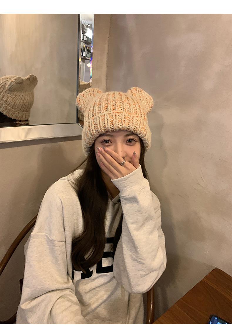 Korean version of for women in autumn winter, cute little bear ears, woolen hat with curled edges, large head_voghion.com