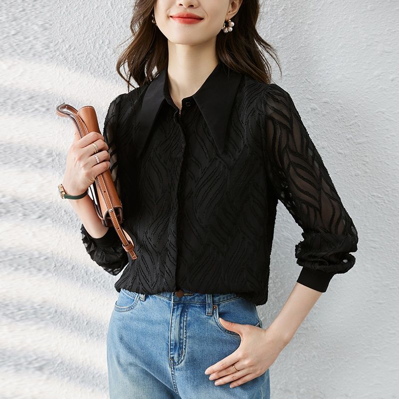 2024春秋季新款韓版氣質顯瘦百搭拼接提花面料長袖襯衫女上衣春款