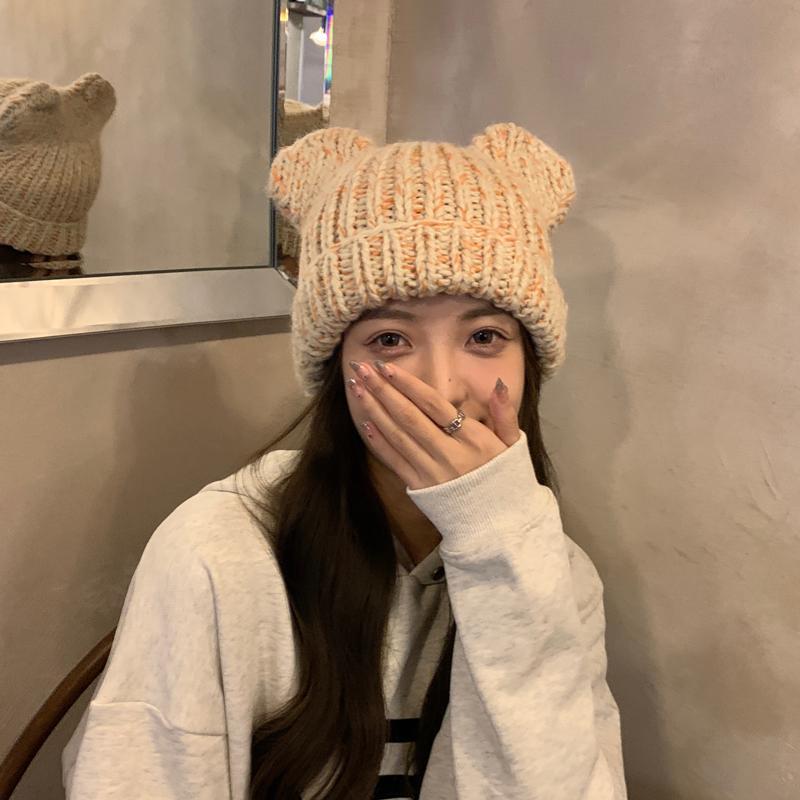 Korean version of for women in autumn winter, cute little bear ears, woolen hat with curled edges, large head_voghion.com