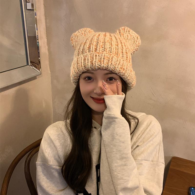 Korean version of for women in autumn winter, cute little bear ears, woolen hat with curled edges, large head_voghion.com