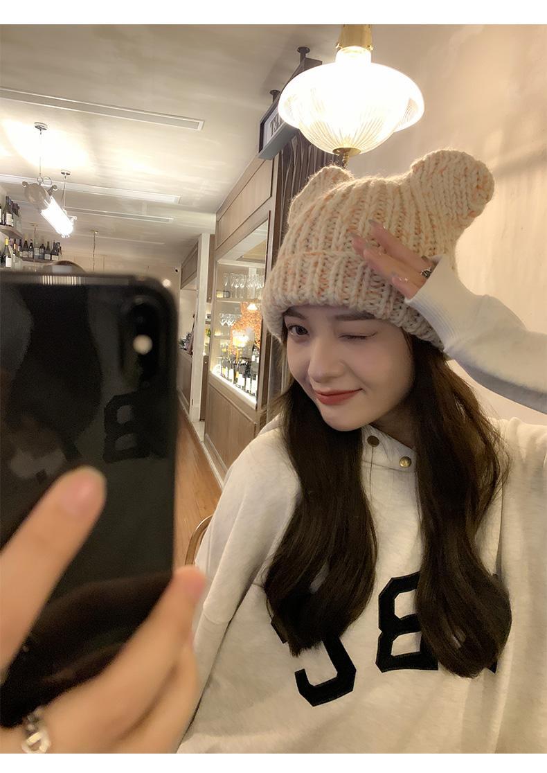 Korean version of for women in autumn winter, cute little bear ears, woolen hat with curled edges, large head_voghion.com