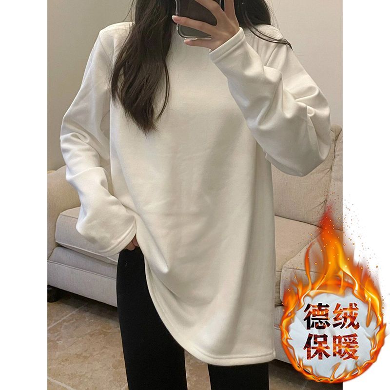 加厚雙面德絨圓領白色打底衫女加絨秋冬磨毛內搭純色寬鬆長袖T恤