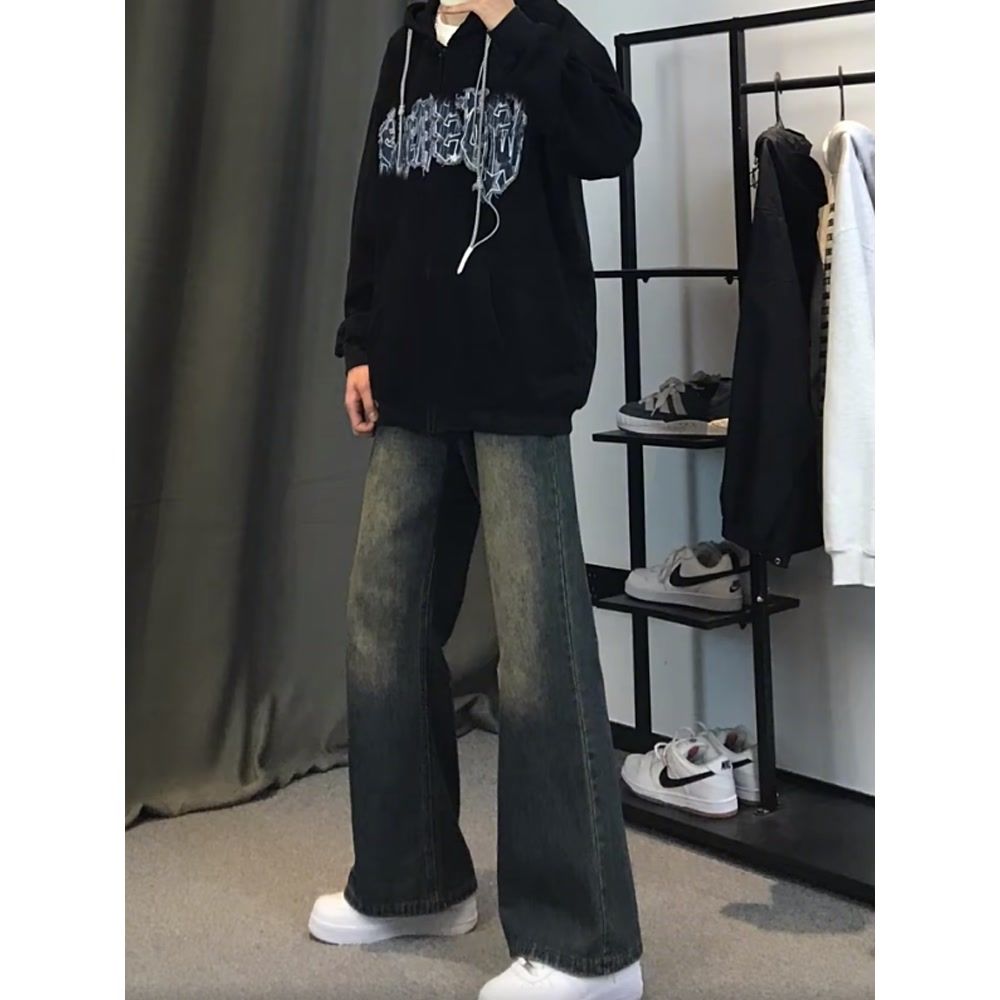 美式復古工裝牛仔褲男四季痞帥水洗做舊高街黃泥染闊腿寬鬆長褲子