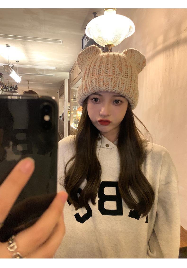 Korean version of for women in autumn winter, cute little bear ears, woolen hat with curled edges, large head_voghion.com