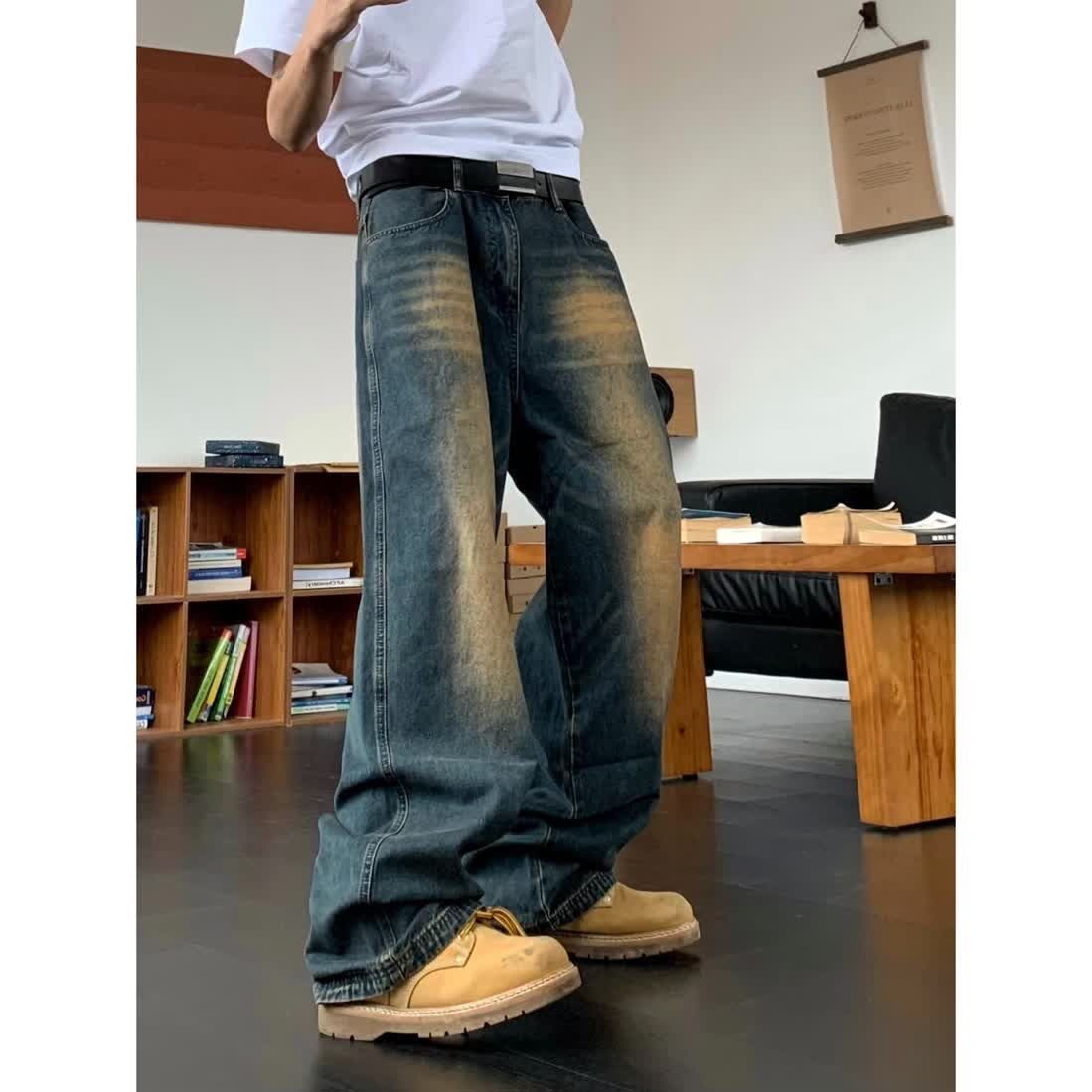 美式復古拖地牛仔褲男高街ins潮牌水洗貓須寬鬆闊腿垂墜感長褲子