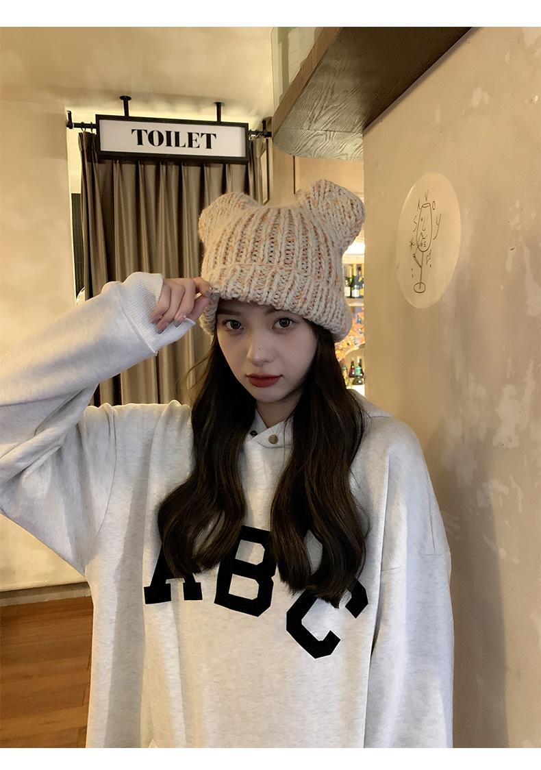 Korean version of for women in autumn winter, cute little bear ears, woolen hat with curled edges, large head_voghion.com