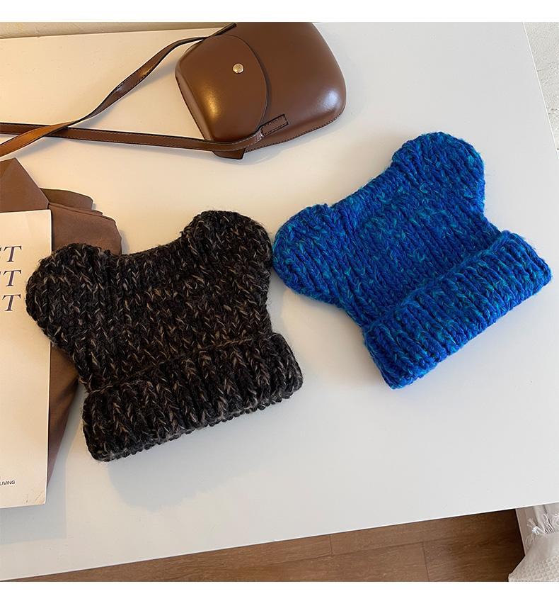 Korean version of for women in autumn winter, cute little bear ears, woolen hat with curled edges, large head_voghion.com