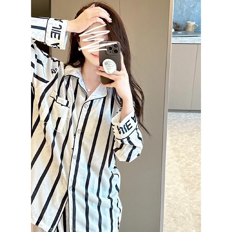 時尚輕奢條紋睡衣女款秋冬季金絲絨套裝2023新款加厚薄絨家居服天