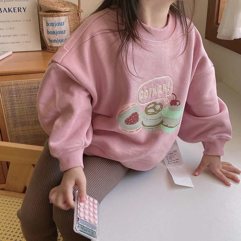 Korean style children's clothing for girls, pink thickened velvet sweatshirt, autumn and winter clothing for children, medium and large children, stylish girls' round neck tops