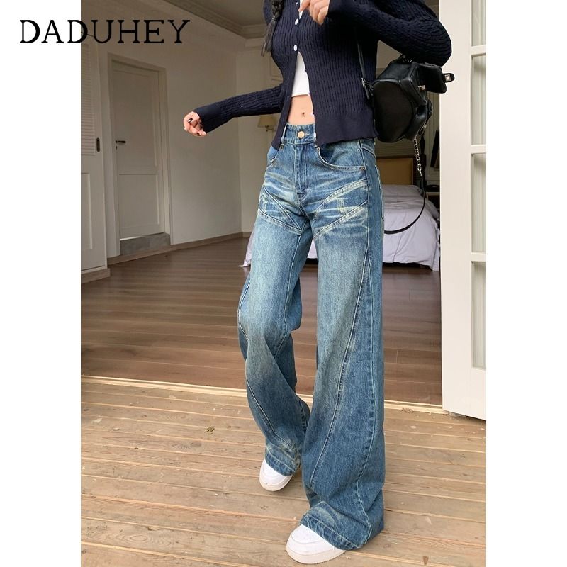 美式高街牛仔褲女秋季低腰不貼腿微喇叭褲子直筒寬鬆闊腿拖地長褲