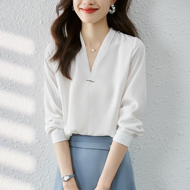 2024春秋季新款韓版時尚氣質顯瘦百搭V領長袖緞面襯衫女就簡約春