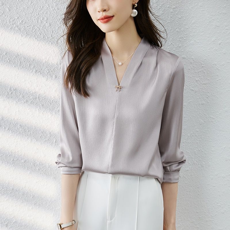 2024春季新款韓版時尚氣質顯瘦百搭V領長袖襯衫女百搭小衫上衣女