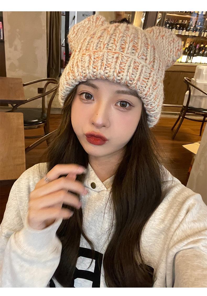 Korean version of for women in autumn winter, cute little bear ears, woolen hat with curled edges, large head_voghion.com