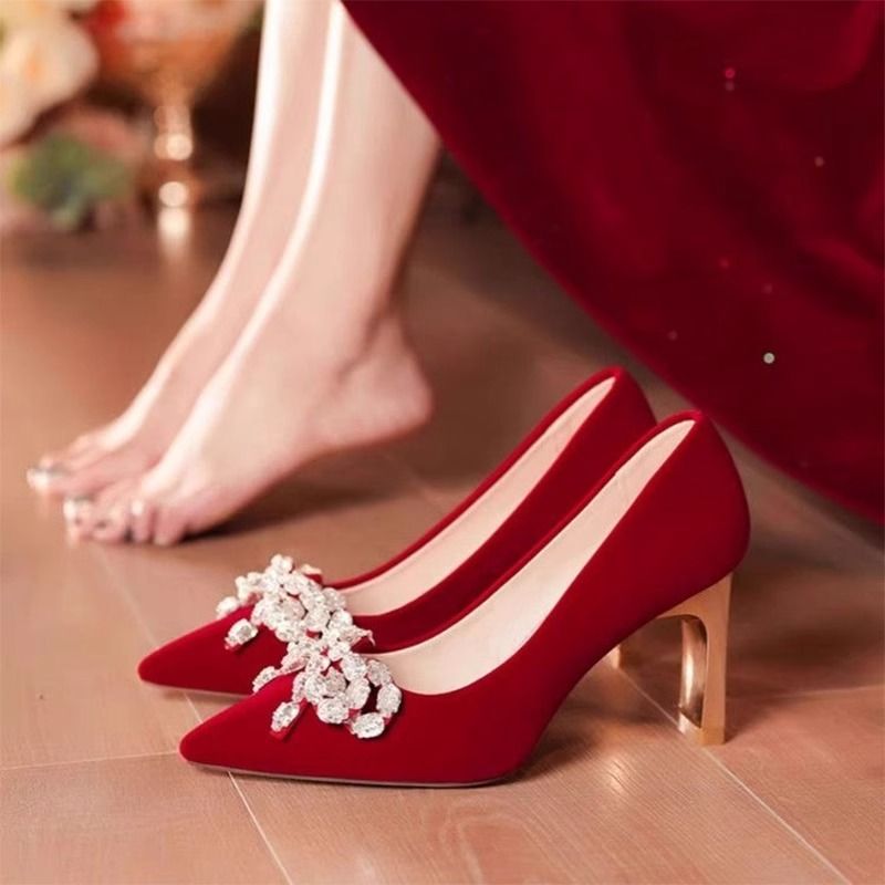 2023年新款红色高跟鞋女中式秀禾服新娘婚鞋礼服伴娘鞋法式婚纱鞋