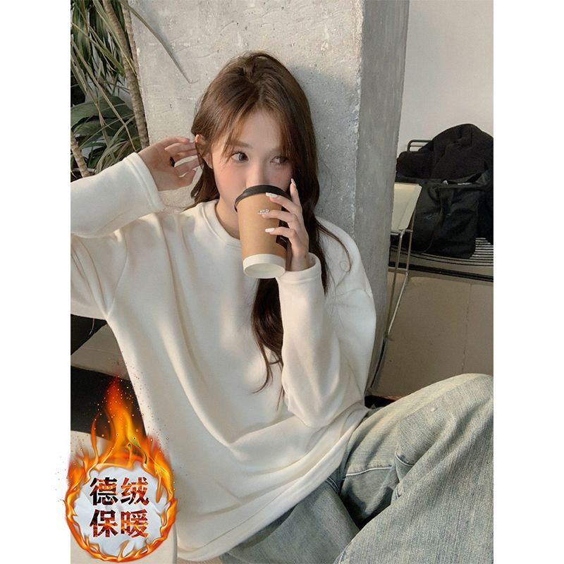 德絨加厚打底衫T恤女長袖內搭秋冬新款圓領寬鬆顯瘦保暖上衣ins潮