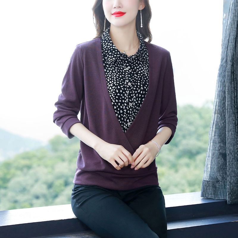 媽媽秋裝新款洋氣襯衣t恤中年婦女春秋假兩件小衫中老年襯衫上衣