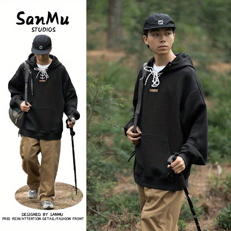 秋冬季新款日系復古華夫格連帽工裝衛衣寬鬆男女簡約情侶上衣外套