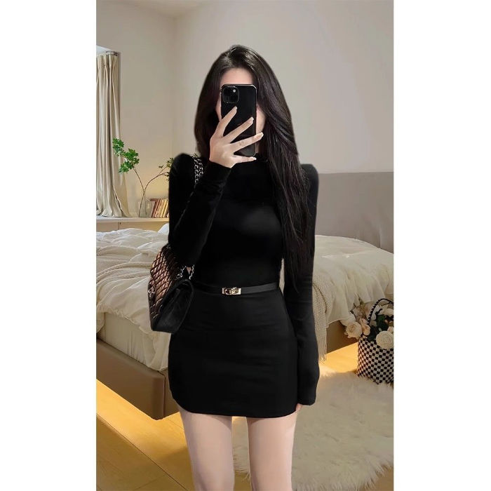 Pure Desire Hot Girl Half Turtle Collar Long Sleeve Black Dress Autumn and Winter New Slim Fit Skinny Bottoming Skirt Short Skirt