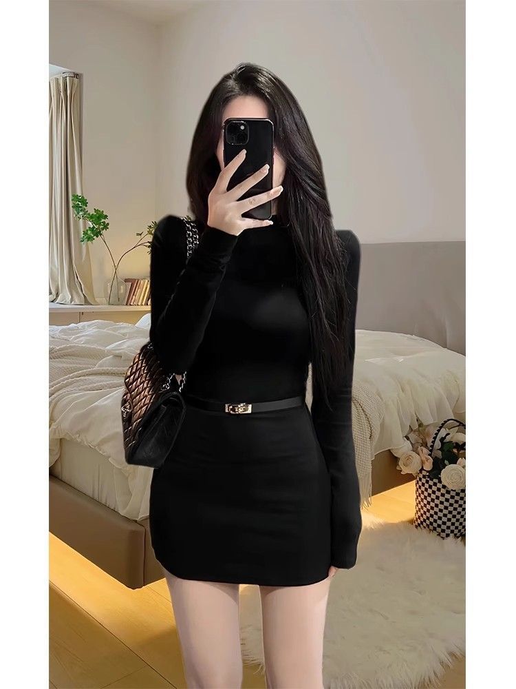 Pure Desire Hot Girl Half Turtle Collar Long Sleeve Black Dress Autumn and Winter New Slim Fit Skinny Bottoming Skirt Short Skirt