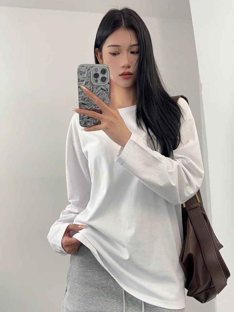白色純棉長袖T恤女春秋2023新款寬鬆圓領打底衫百搭疊穿休閒上衣