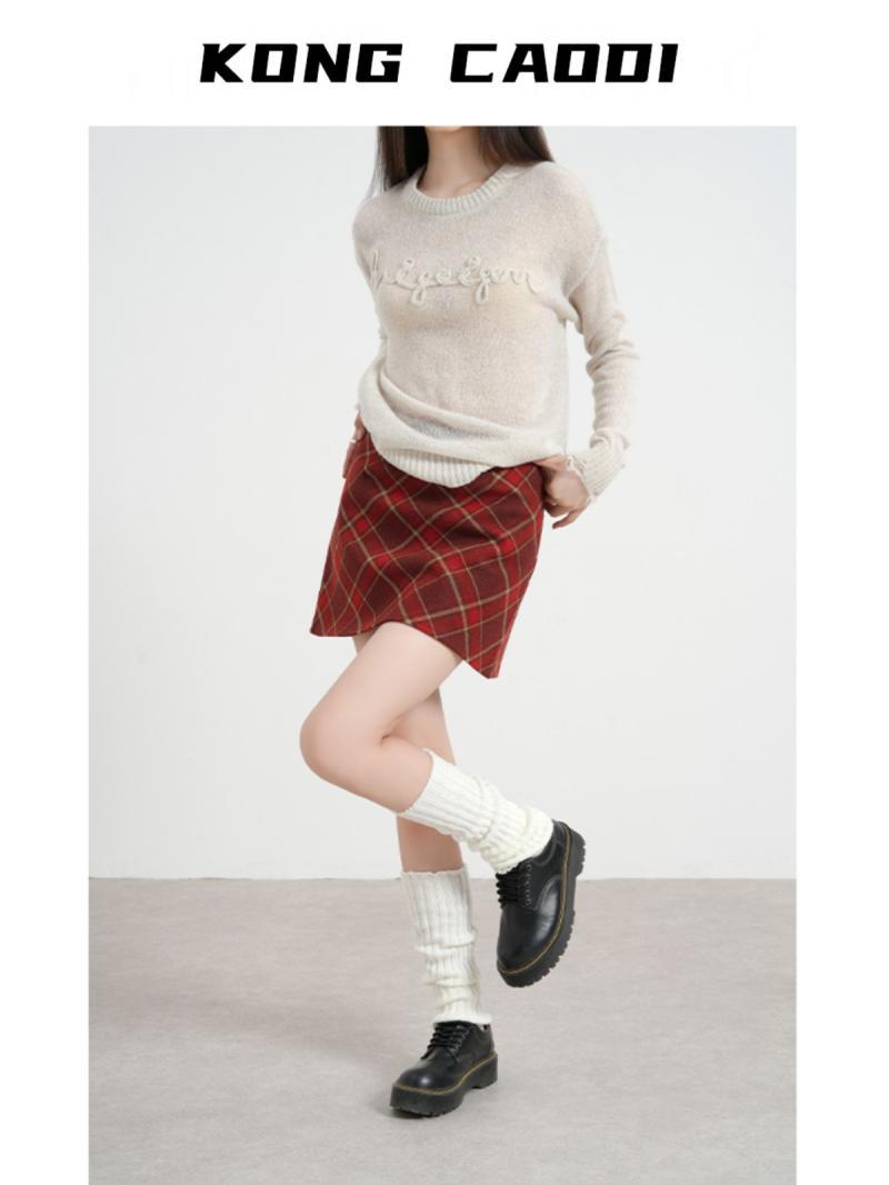 大碼胖mm美式復古毛呢格子半身裙女秋冬季紅色a字微胖包臀短裙子