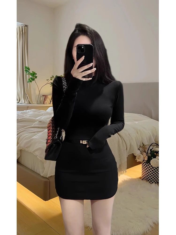 Pure Desire Hot Girl Half Turtle Collar Long Sleeve Black Dress Autumn and Winter New Slim Fit Skinny Bottoming Skirt Short Skirt