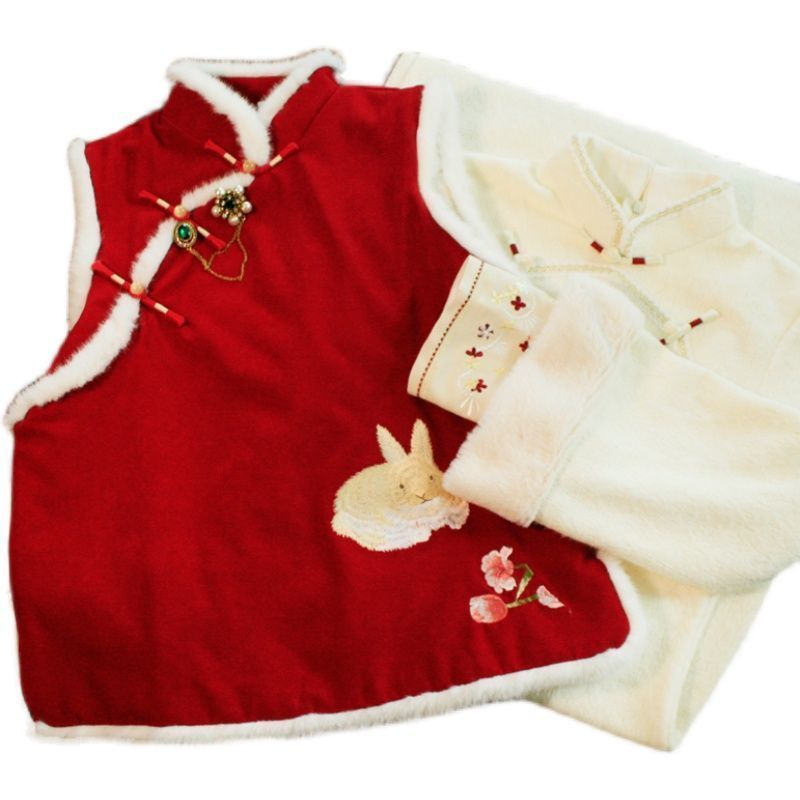 红色小月兔圣诞款新中式国风套装新款刺绣夹棉马甲加绒旗袍裙
