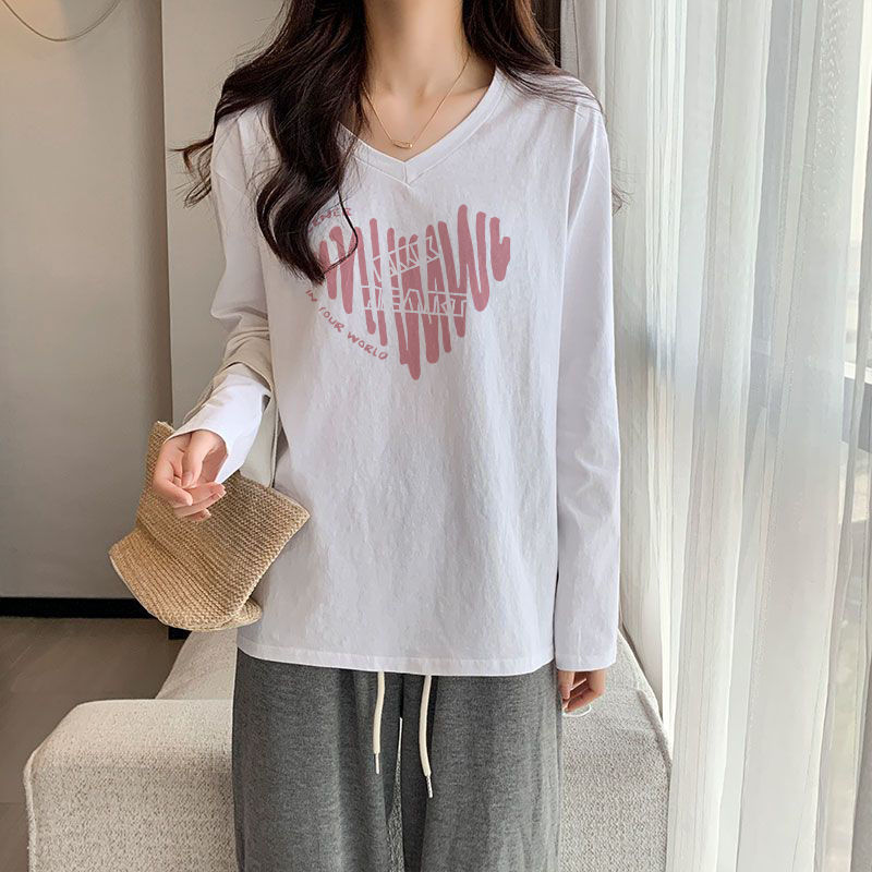 白色純棉v領長袖t恤女秋冬百搭顯瘦學生寬鬆洋氣上衣內搭打底衫潮