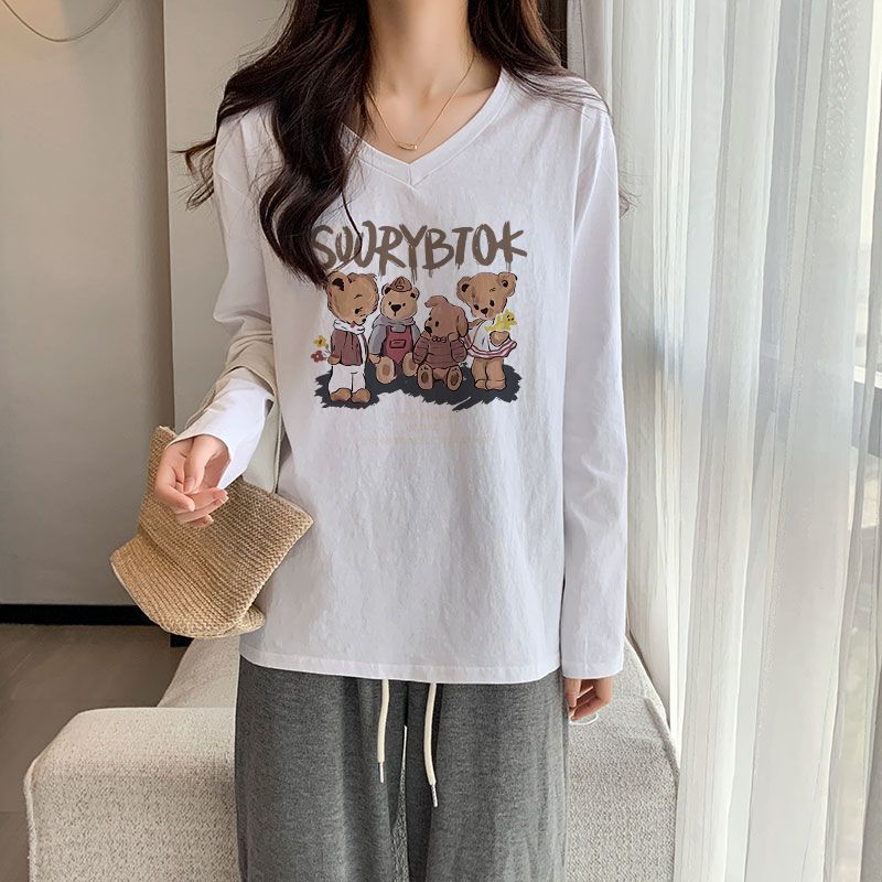 慵懶風顯瘦V領寬鬆長袖T恤女裝早秋新款遮肉百搭休閒中長款上衣潮