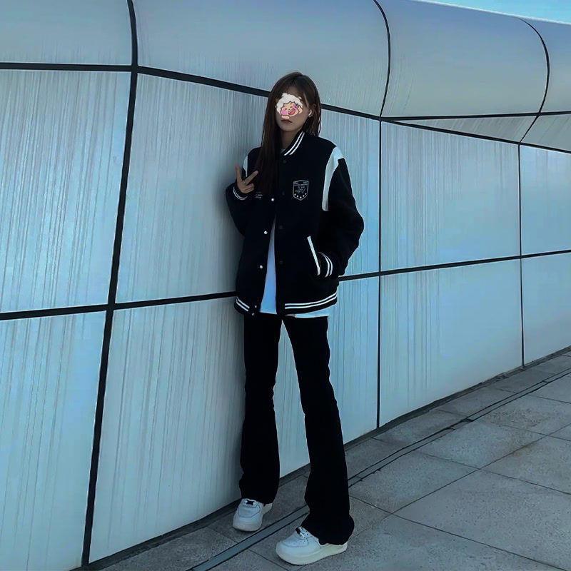 美式vibe水洗黑色百搭微喇牛仔褲女潮流修身顯瘦高個子加長拖地褲