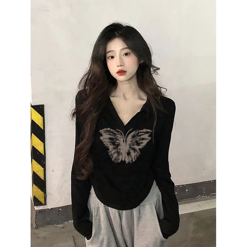 純棉正肩長袖t恤女短款新款秋季弧形下擺純欲風修身辣妹上衣ins潮