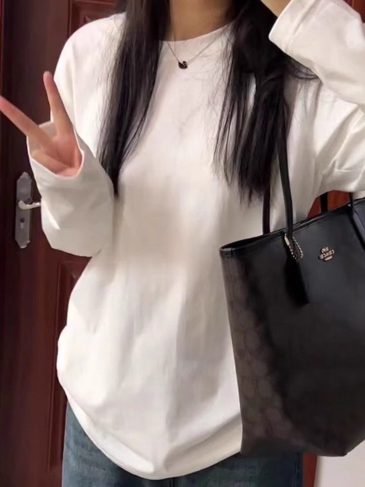 白色長袖t恤女秋冬新款寬鬆oversize衛衣疊穿內搭美式打底衫上衣