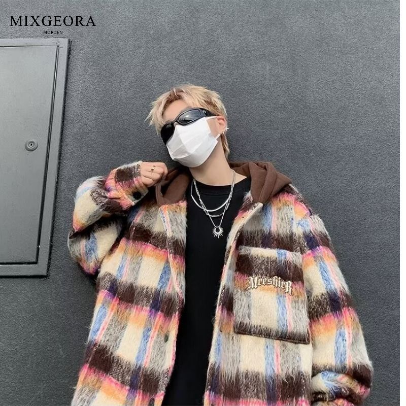 MIX GEORA日系復古連帽格子毛呢大衣男士秋冬季時尚痞帥寬鬆外套