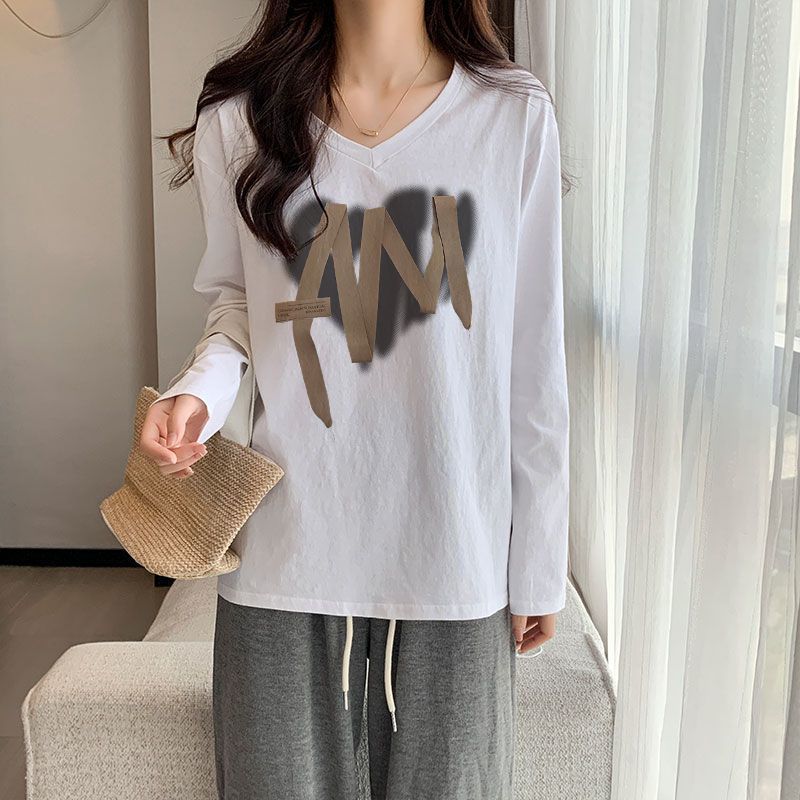 長袖t恤女100%純棉春秋新款寬鬆顯瘦秋裝設計感上衣韓版打底衫V領