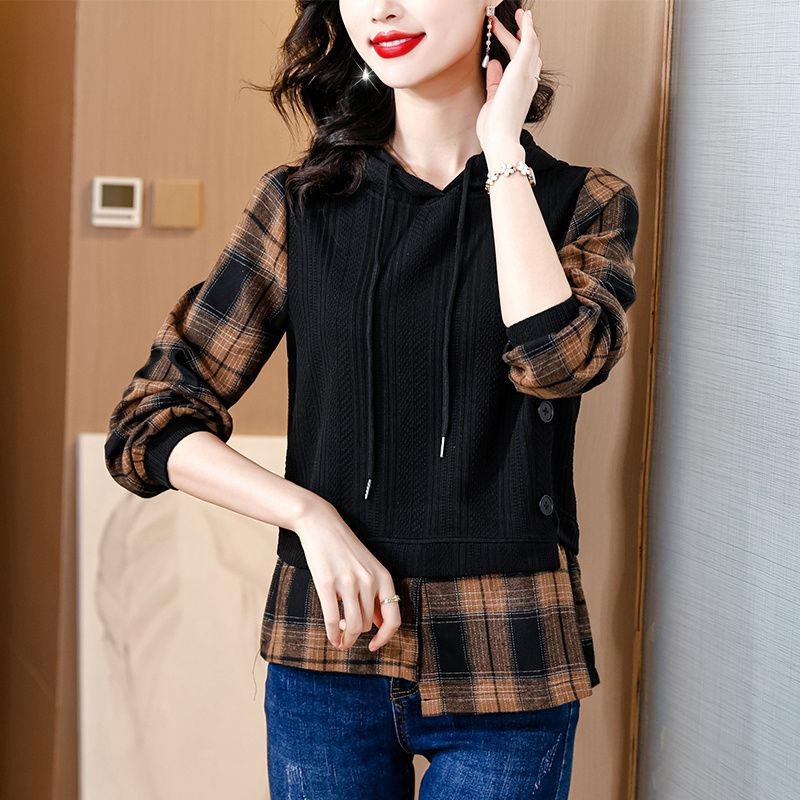 格子拼接單件秋冬新款女裝寬鬆大碼媽媽時尚氣質顯瘦百搭連帽上衣