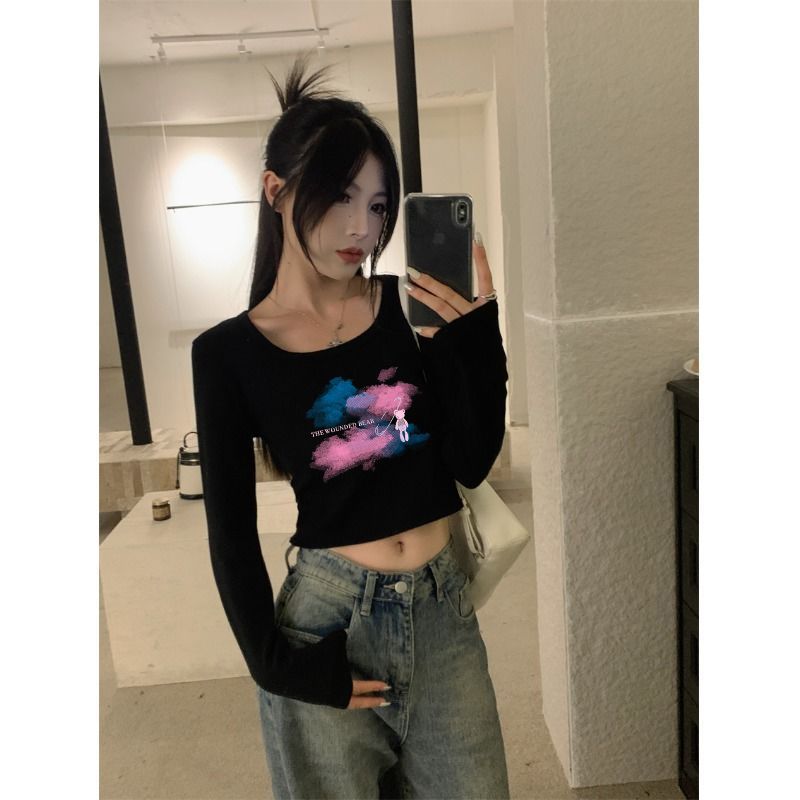 Pure cotton hottie American short t-shirt for women autumn long-sleeved u-neck high waist slimming pure lust style design ins top