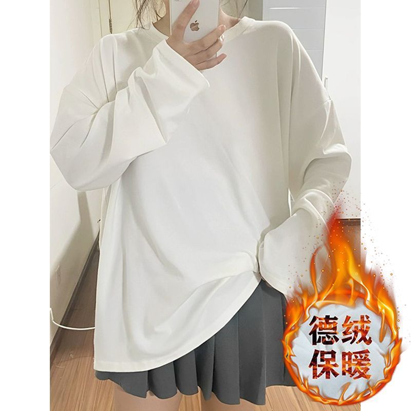 加絨白色打底衫女秋冬內搭2023新款中長款遮屁股寬鬆百搭長袖t恤